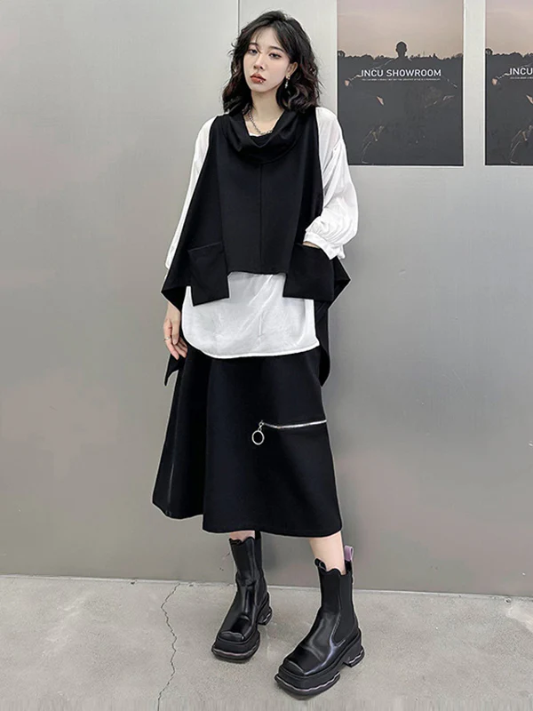 Irregularity Loose Pockets Solid Color Heaps Collar T-Shirts Vest Top - Image 3