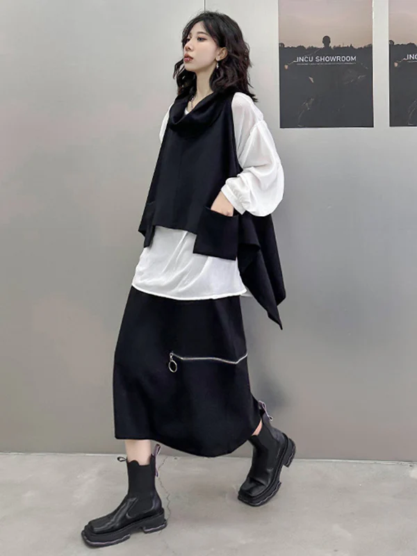 Irregularity Loose Pockets Solid Color Heaps Collar T-Shirts Vest Top - Image 4