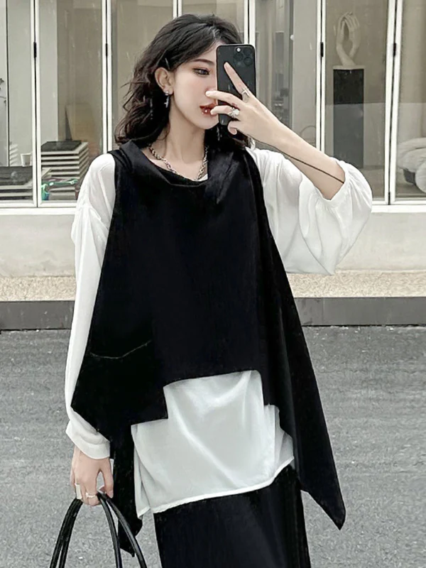Irregularity Loose Pockets Solid Color Heaps Collar T-Shirts Vest Top - Image 8