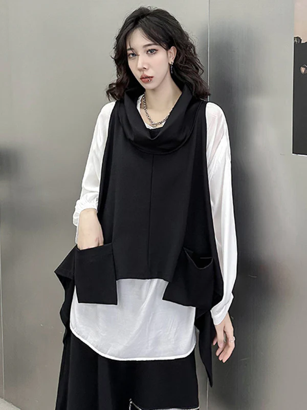 Irregularity Loose Pockets Solid Color Heaps Collar T-Shirts Vest Top - Image 9
