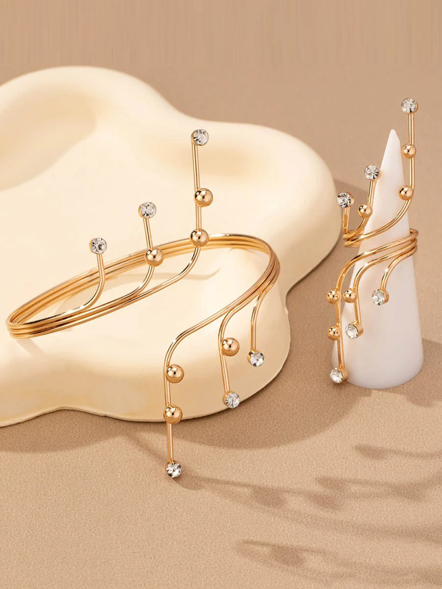 Irregularity Rhine Stones Shiny Split-Joint Bracelet Accessories + Rings Accessories Two Pieces Set - Image 3