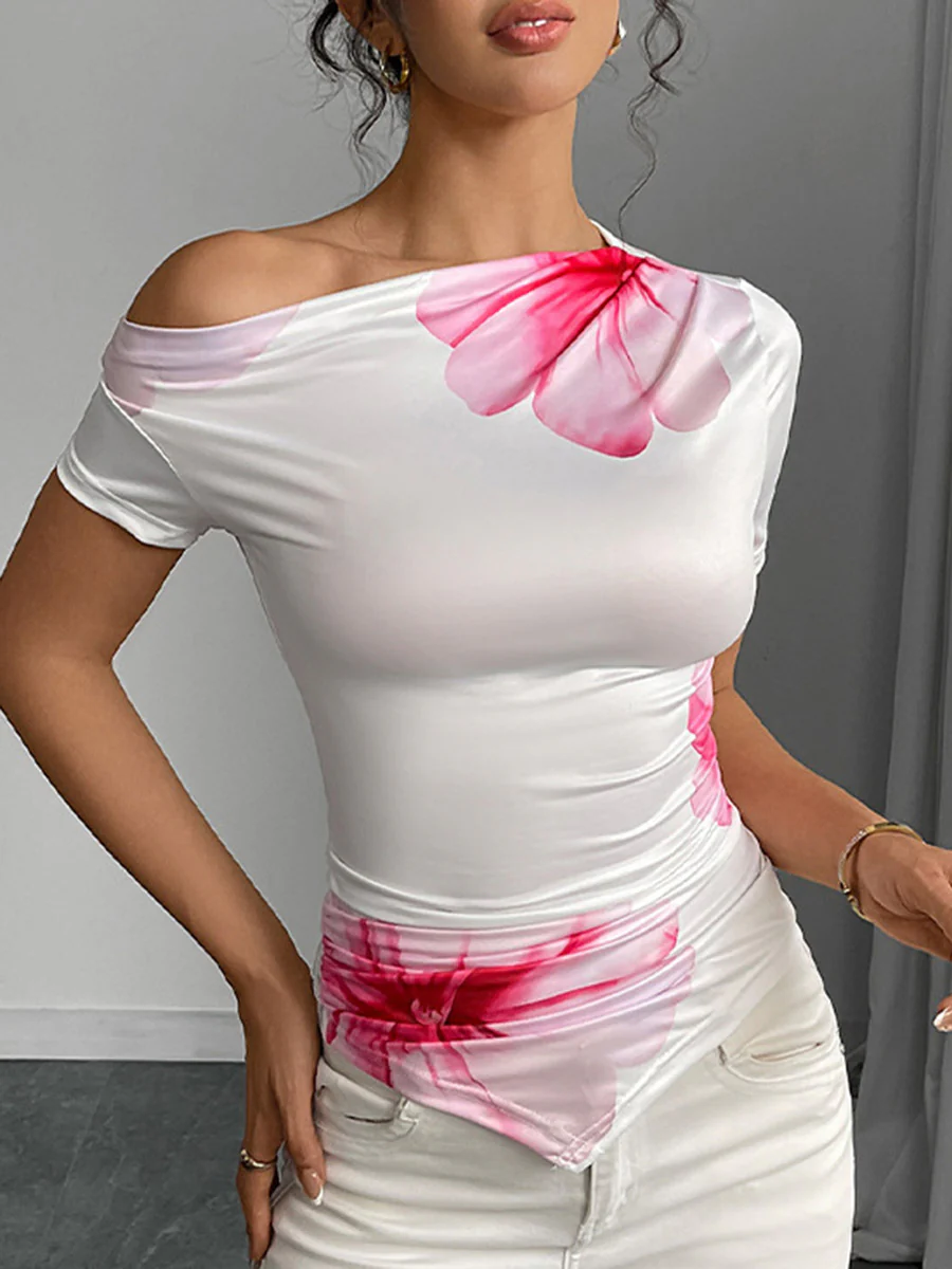 Irregularity Short Sleeves Contrast Color Flower Print Split-Joint One-Shoulder Blouses&Shirts Tops - Image 4