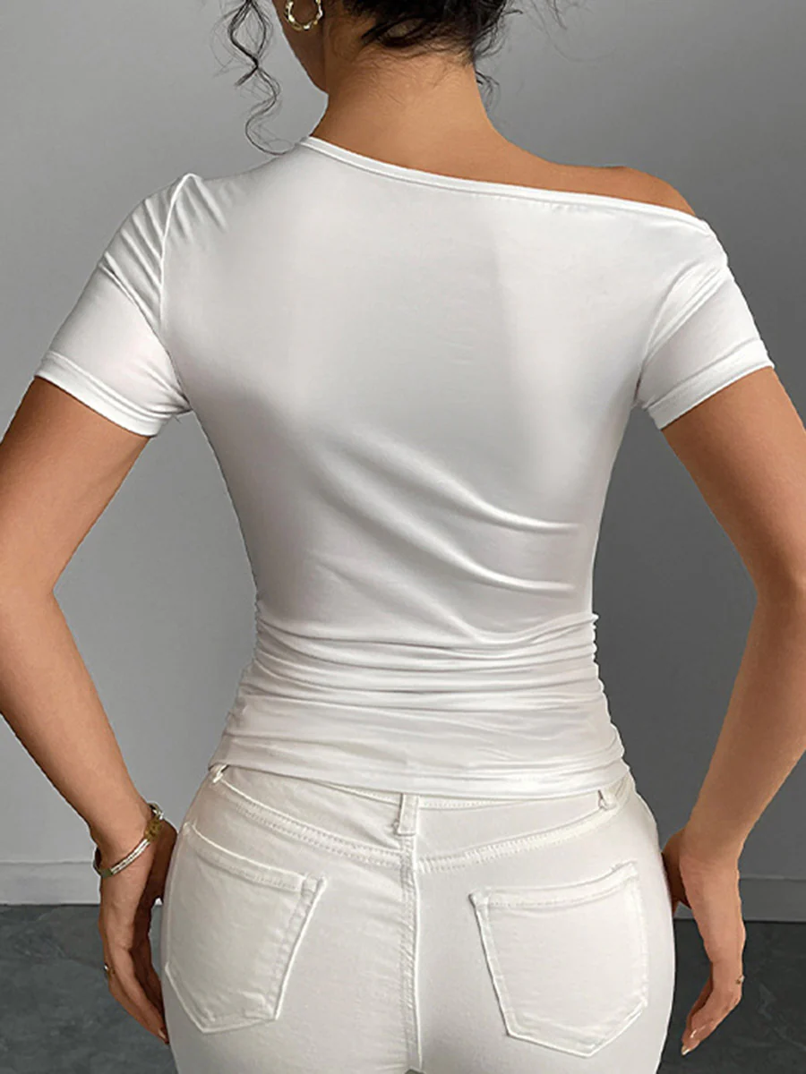 Irregularity Short Sleeves Contrast Color Flower Print Split-Joint One-Shoulder Blouses&Shirts Tops - Image 5