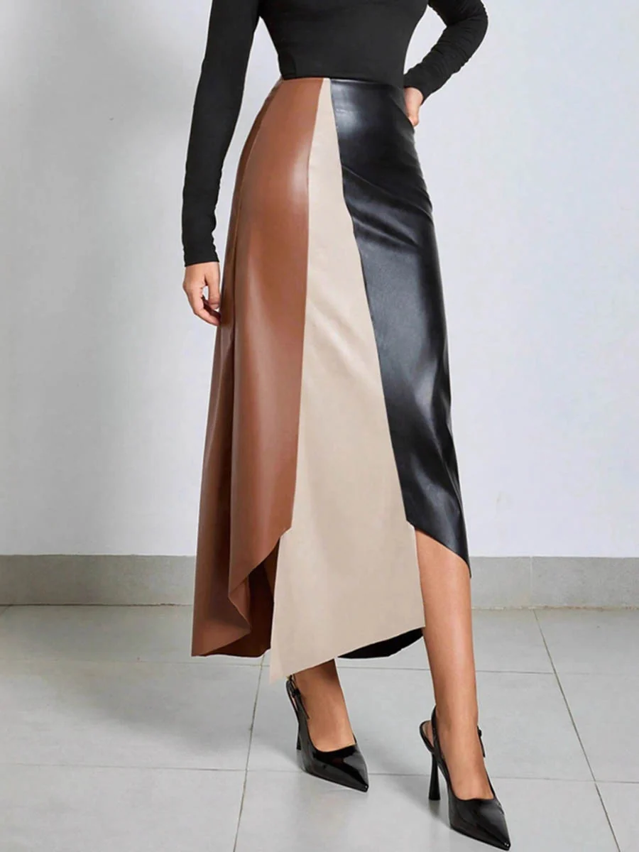 Irregularity Skinny Asymmetric Contrast Color Split-Joint Split-Side Skirts Bottoms - Image 3