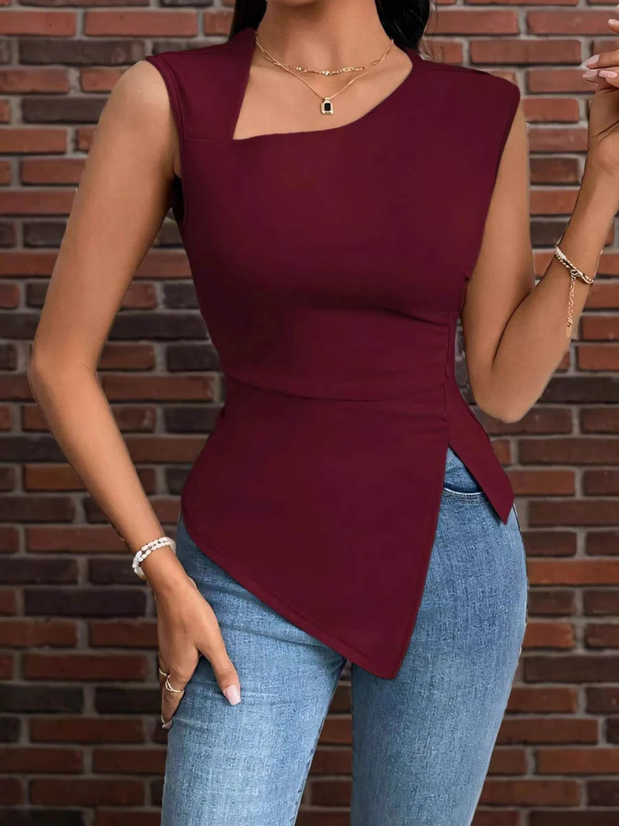 Irregularity Skinny Pleated Solid Color Split-Side Asymmetric Neckline T-Shirts Tops - Image 2