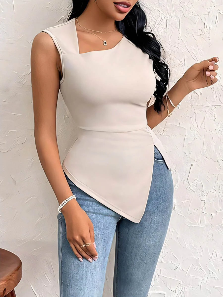 Irregularity Skinny Pleated Solid Color Split-Side Asymmetric Neckline T-Shirts Tops - Image 6