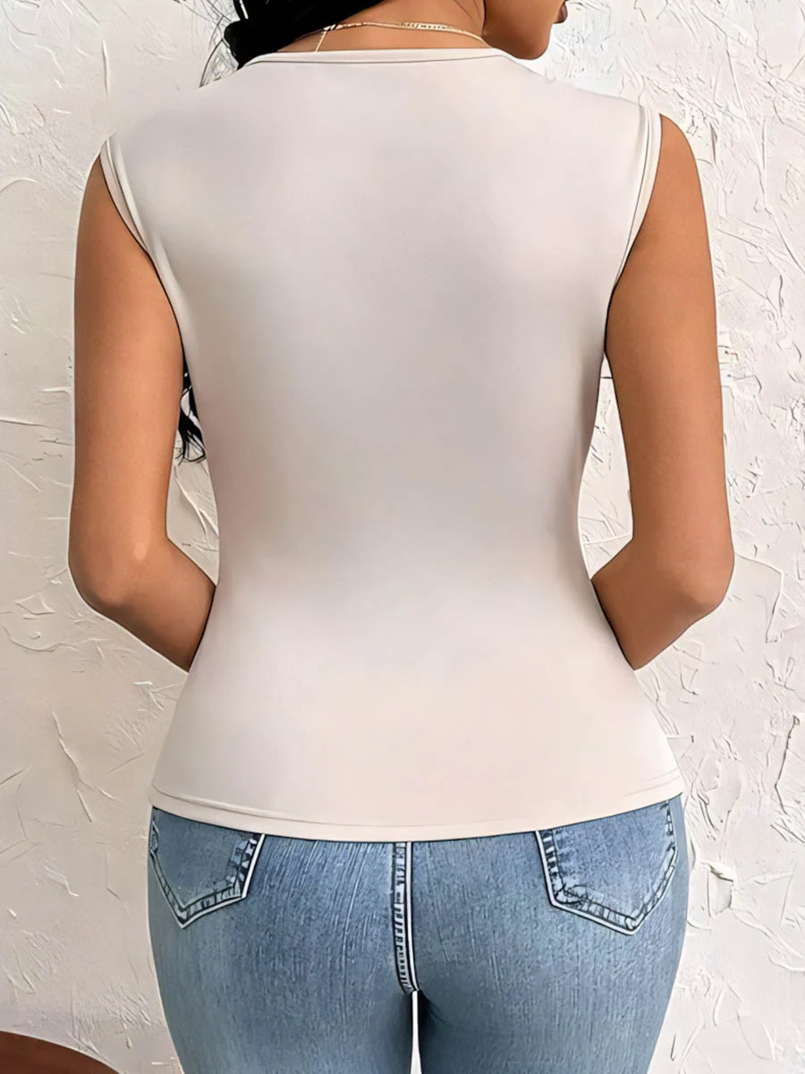 Irregularity Skinny Pleated Solid Color Split-Side Asymmetric Neckline T-Shirts Tops - Image 7