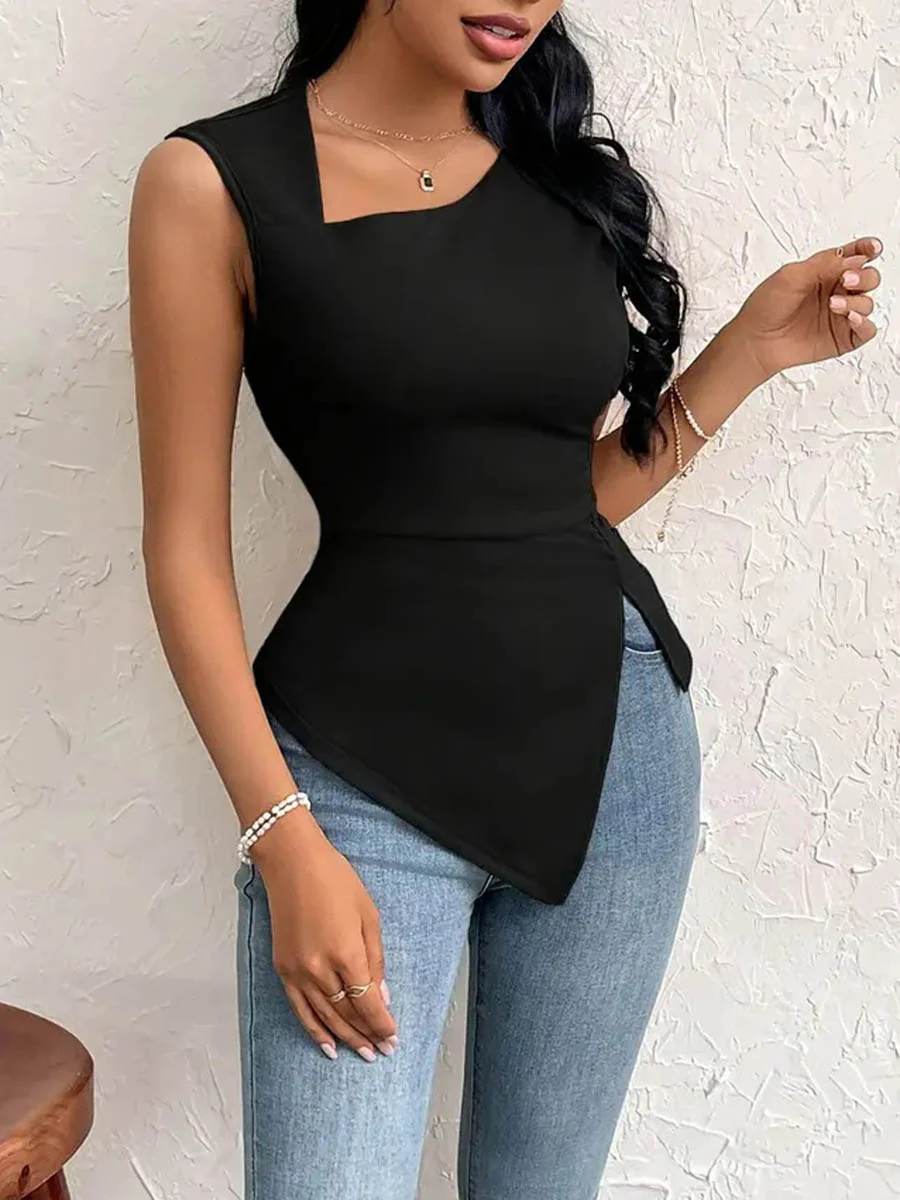 Irregularity Skinny Pleated Solid Color Split-Side Asymmetric Neckline T-Shirts Tops - Image 8