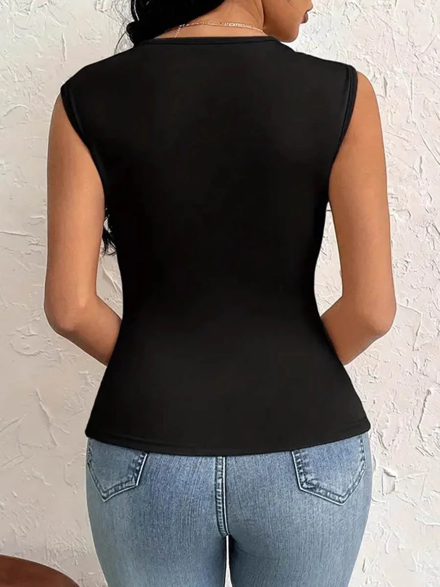 Irregularity Skinny Pleated Solid Color Split-Side Asymmetric Neckline T-Shirts Tops - Image 9