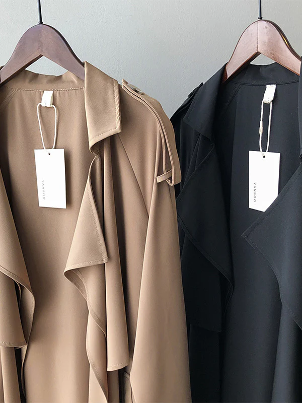 Khaki&Black Vintage Notched Collar Thin Trench Coat - Image 12