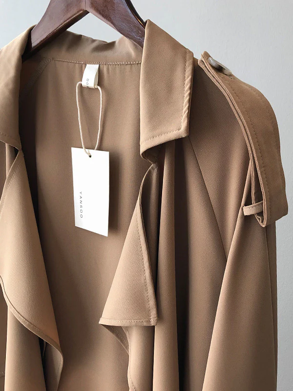 Khaki&Black Vintage Notched Collar Thin Trench Coat - Image 13
