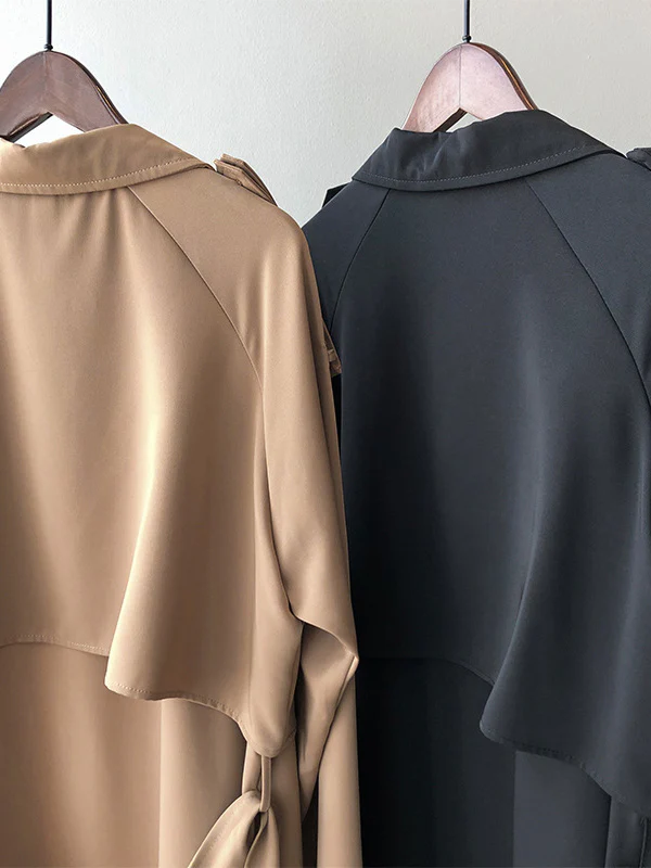 Khaki&Black Vintage Notched Collar Thin Trench Coat - Image 14