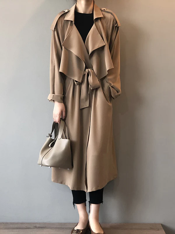 Khaki&Black Vintage Notched Collar Thin Trench Coat - Image 3