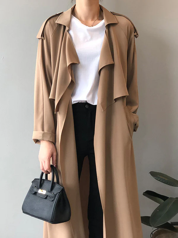 Khaki&Black Vintage Notched Collar Thin Trench Coat - Image 5
