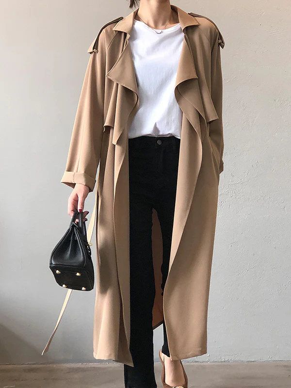 Khaki&Black Vintage Notched Collar Thin Trench Coat - Image 6
