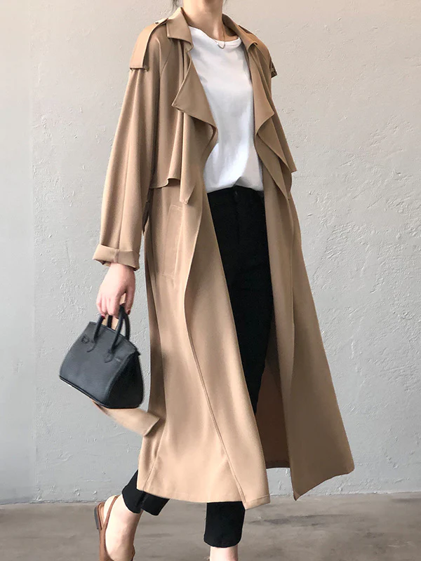 Khaki&Black Vintage Notched Collar Thin Trench Coat - Image 7