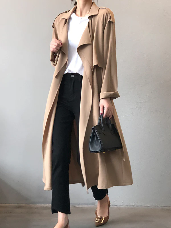 Khaki&Black Vintage Notched Collar Thin Trench Coat - Image 8