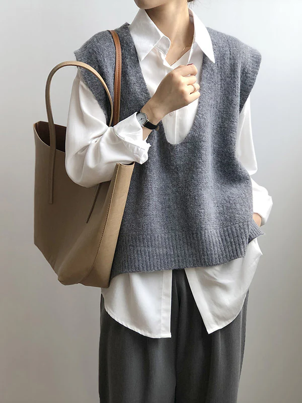 Knitting Irregularity Solid V-Neck Vest - Image 10