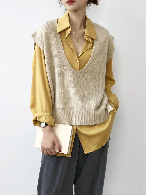 Knitting Irregularity Solid V-Neck Vest - Image 12
