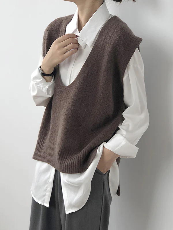 Knitting Irregularity Solid V-Neck Vest - Image 14