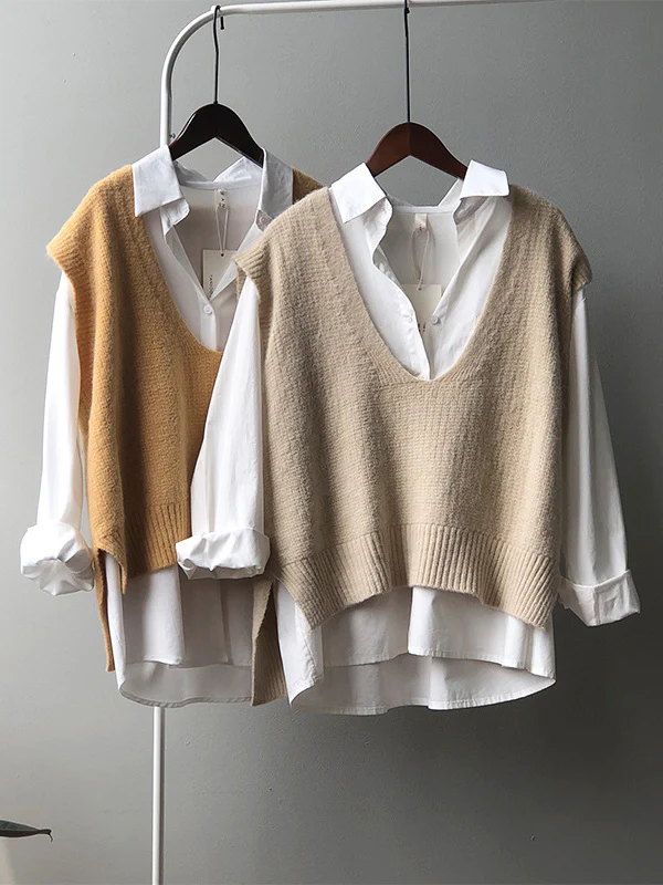 Knitting Irregularity Solid V-Neck Vest - Image 15