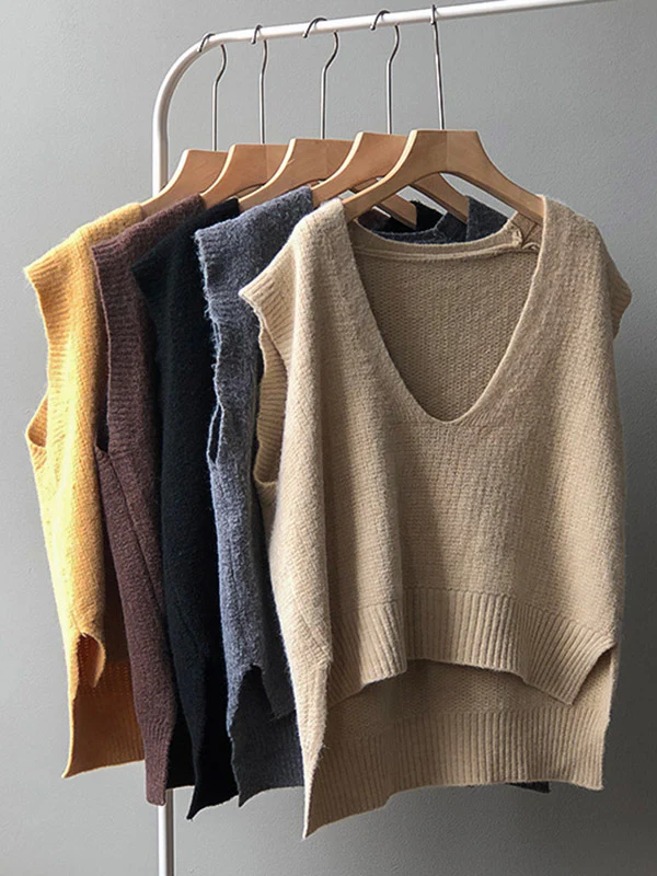 Knitting Irregularity Solid V-Neck Vest - Image 16