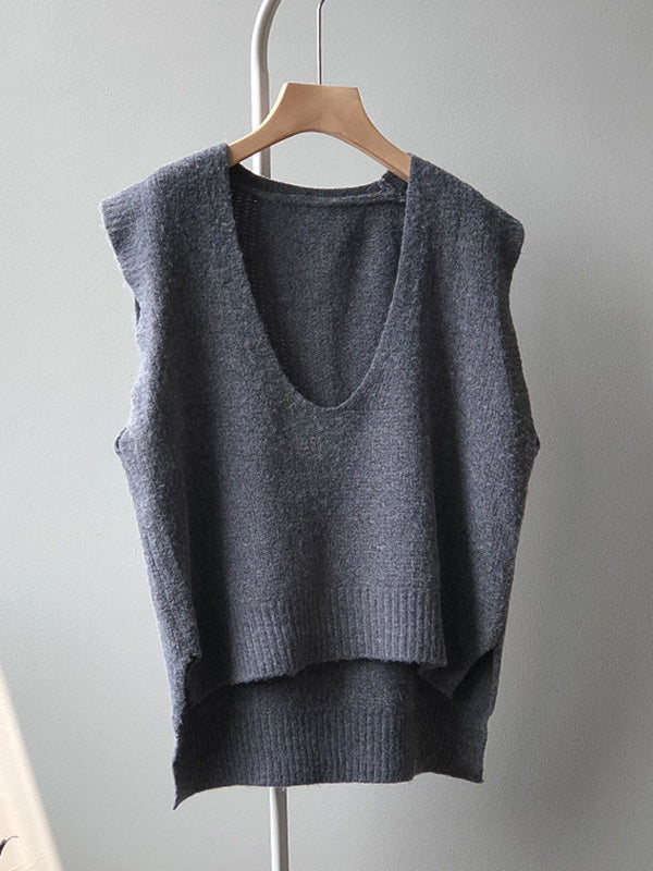 Knitting Irregularity Solid V-Neck Vest - Image 17