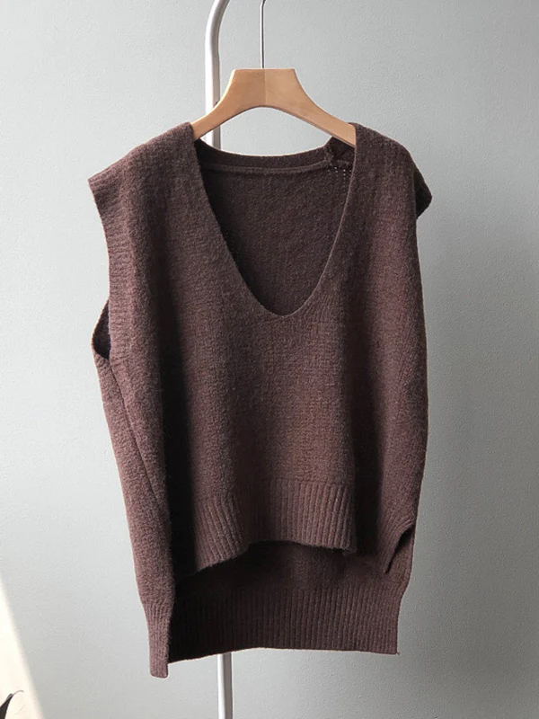 Knitting Irregularity Solid V-Neck Vest - Image 19