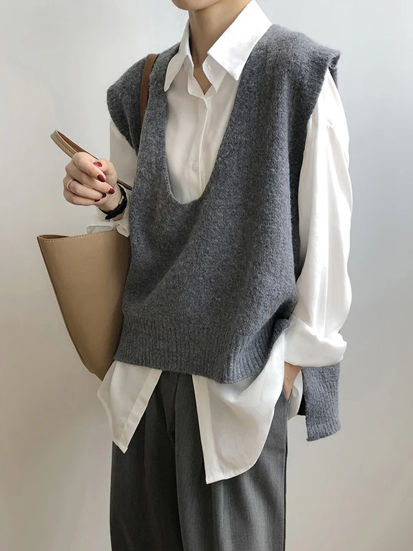 Knitting Irregularity Solid V-Neck Vest - Image 2