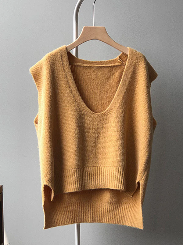 Knitting Irregularity Solid V-Neck Vest - Image 20