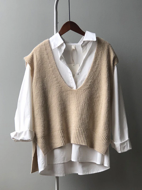 Knitting Irregularity Solid V-Neck Vest - Image 21