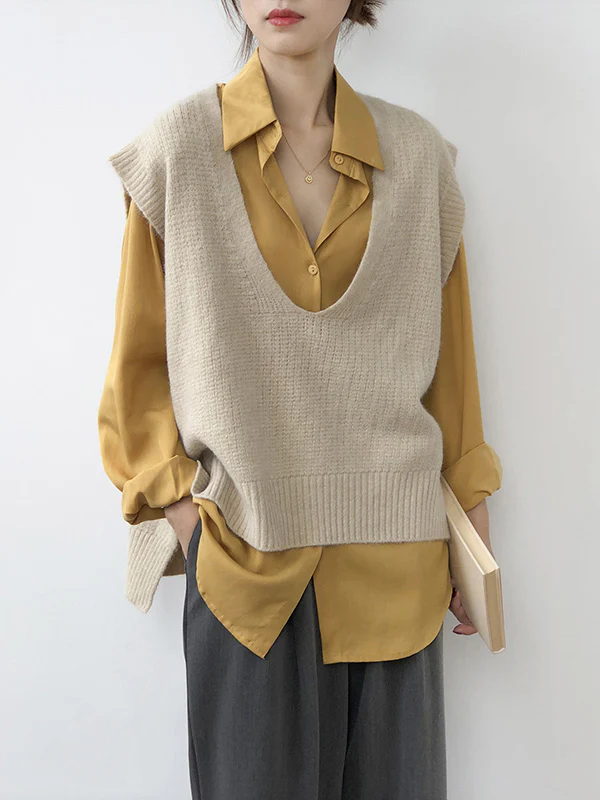 Knitting Irregularity Solid V-Neck Vest - Image 3
