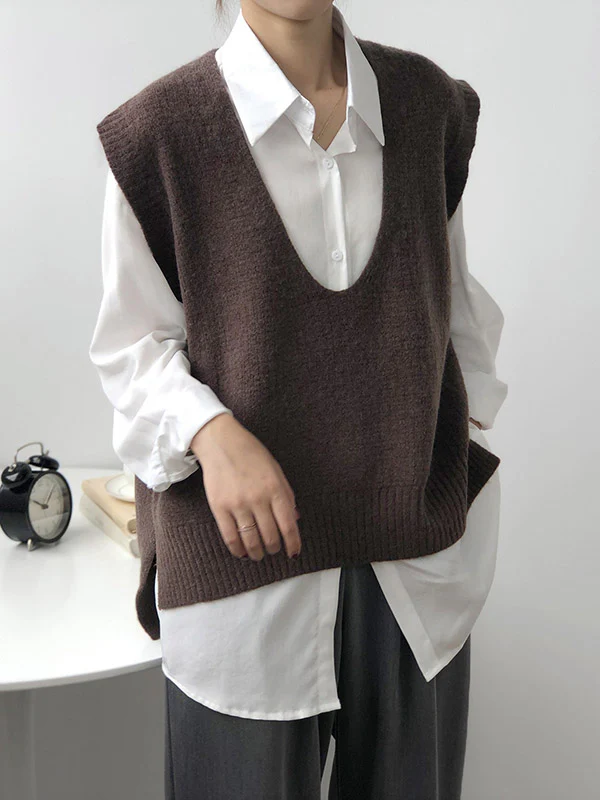 Knitting Irregularity Solid V-Neck Vest - Image 4
