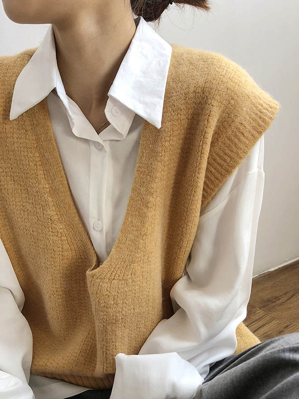 Knitting Irregularity Solid V-Neck Vest - Image 5