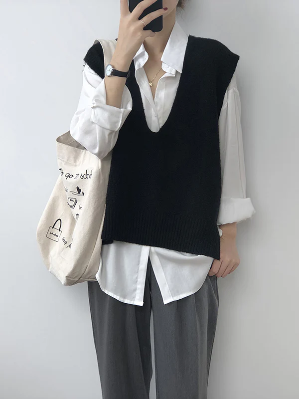 Knitting Irregularity Solid V-Neck Vest - Image 7
