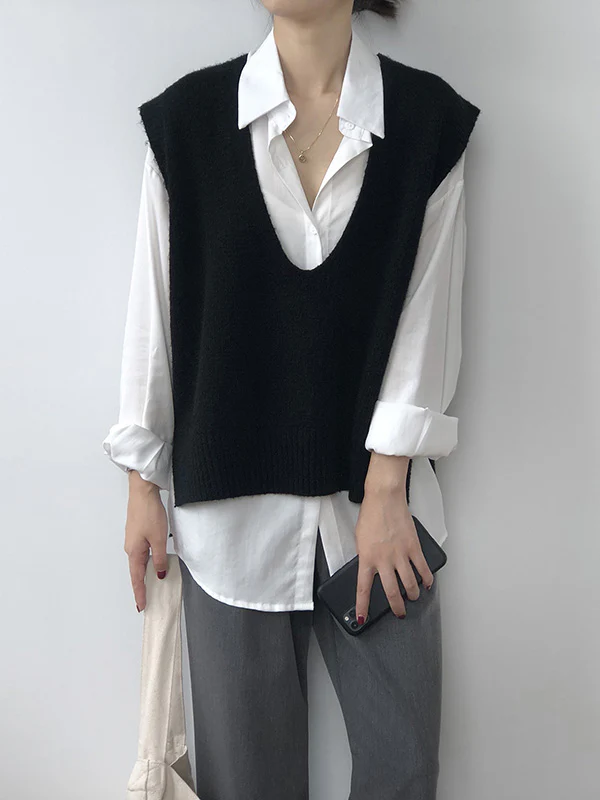 Knitting Irregularity Solid V-Neck Vest - Image 8