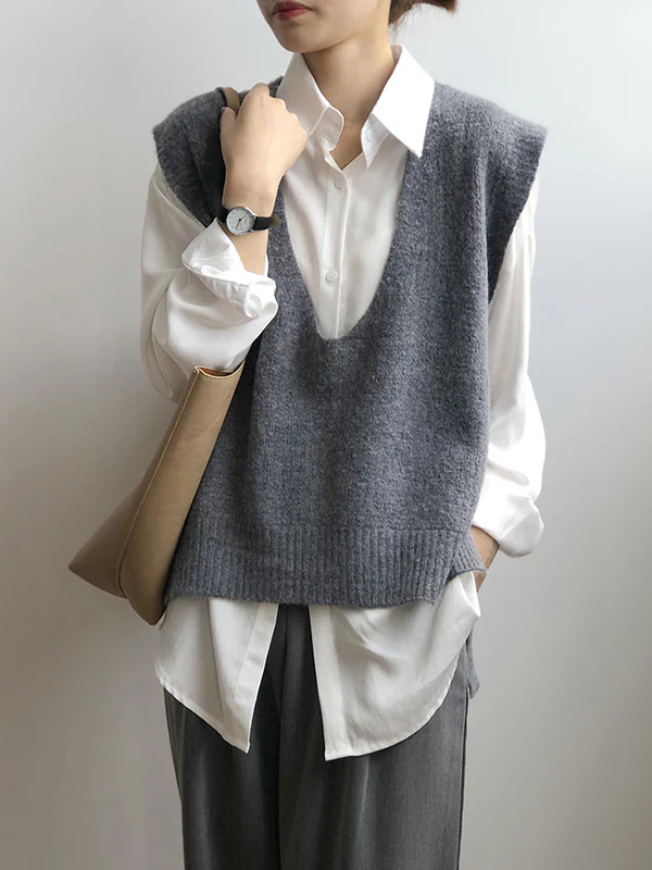 Knitting Irregularity Solid V-Neck Vest - Image 9