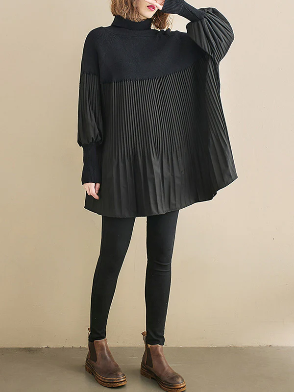 Knitting Pleats Split-Joint High-Neck Pullover Top - Image 10