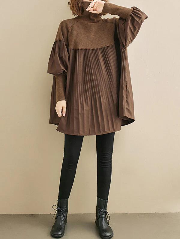 Knitting Pleats Split-Joint High-Neck Pullover Top - Image 14