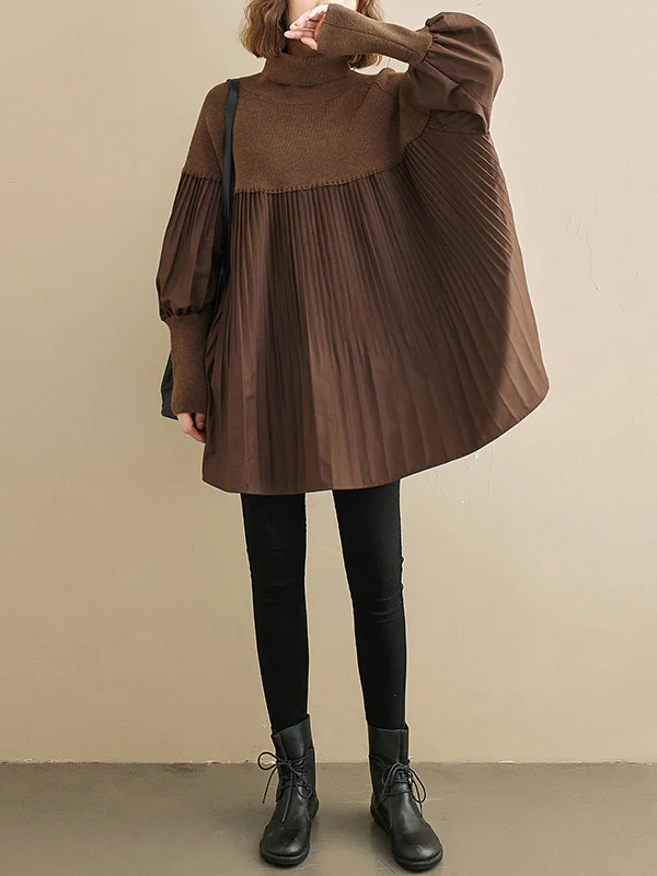 Knitting Pleats Split-Joint High-Neck Pullover Top - Image 15