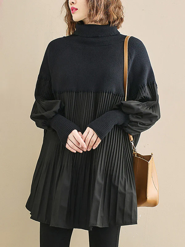 Knitting Pleats Split-Joint High-Neck Pullover Top - Image 2