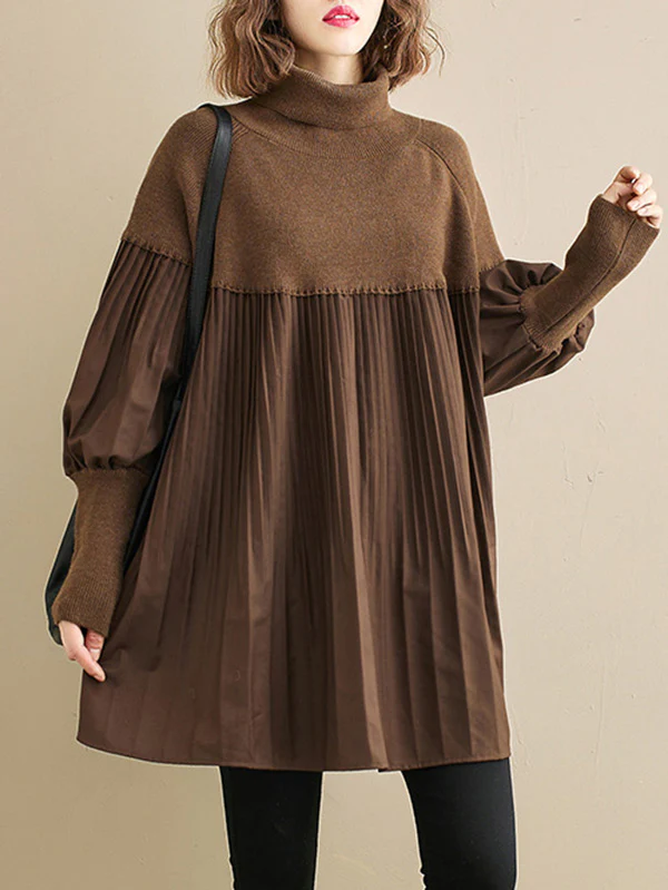 Knitting Pleats Split-Joint High-Neck Pullover Top - Image 3