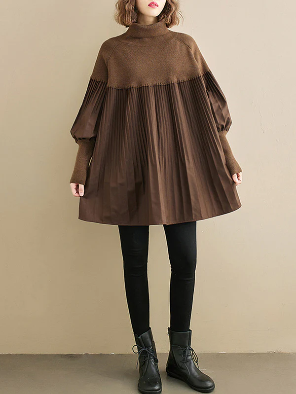 Knitting Pleats Split-Joint High-Neck Pullover Top - Image 4
