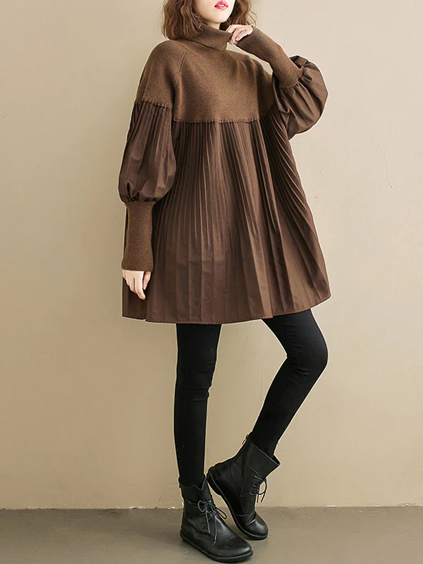 Knitting Pleats Split-Joint High-Neck Pullover Top - Image 5