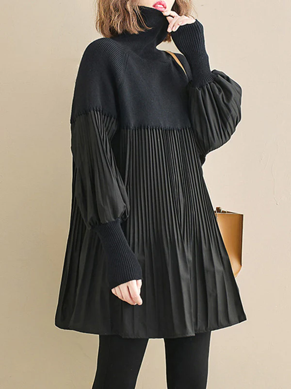 Knitting Pleats Split-Joint High-Neck Pullover Top - Image 7
