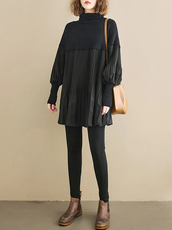 Knitting Pleats Split-Joint High-Neck Pullover Top - Image 8