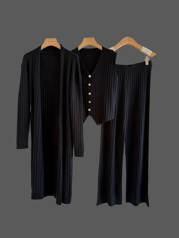 Knitting Sleeveless V-Neck Vest Top + Long Sleeves Cardigan + High Waisted Pants Three Pieces Set