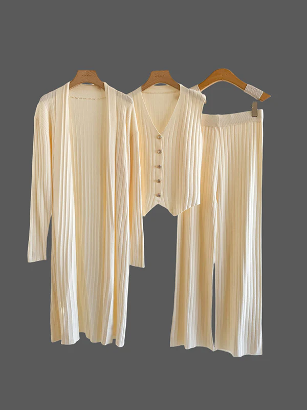 Knitting Sleeveless V-Neck Vest Top + Long Sleeves Cardigan + High Waisted Pants Three Pieces Set - Image 2