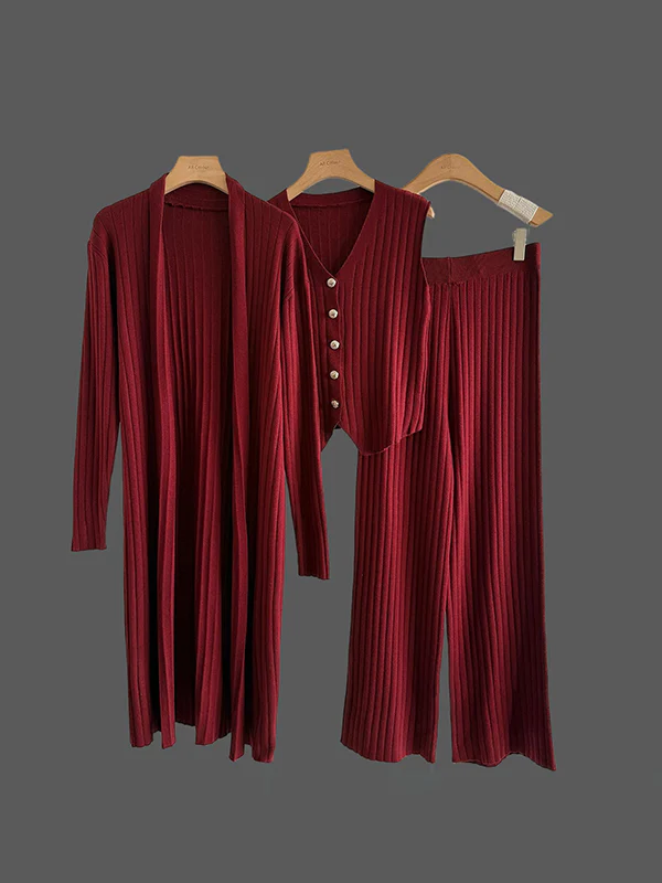 Knitting Sleeveless V-Neck Vest Top + Long Sleeves Cardigan + High Waisted Pants Three Pieces Set - Image 3