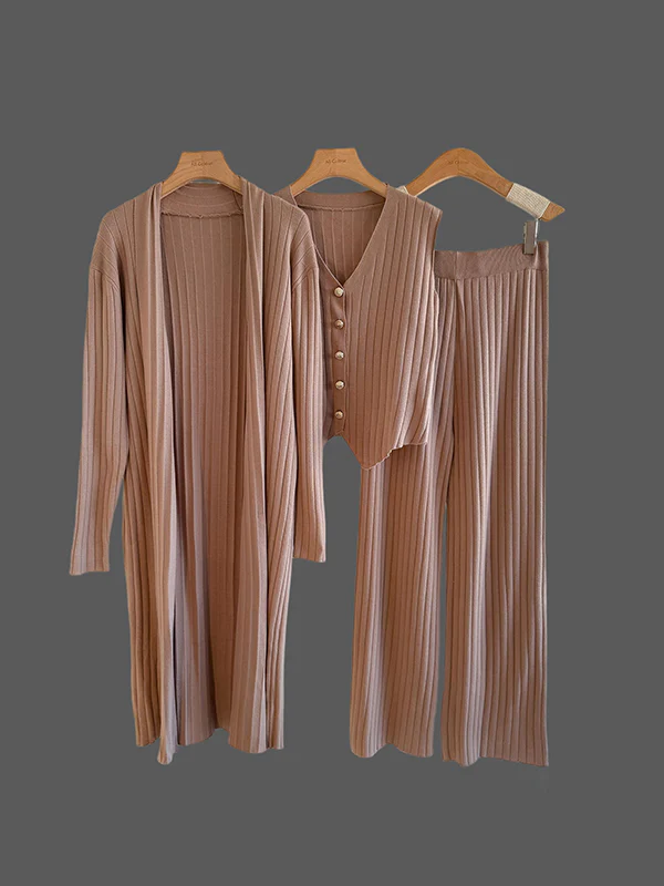 Knitting Sleeveless V-Neck Vest Top + Long Sleeves Cardigan + High Waisted Pants Three Pieces Set - Image 4